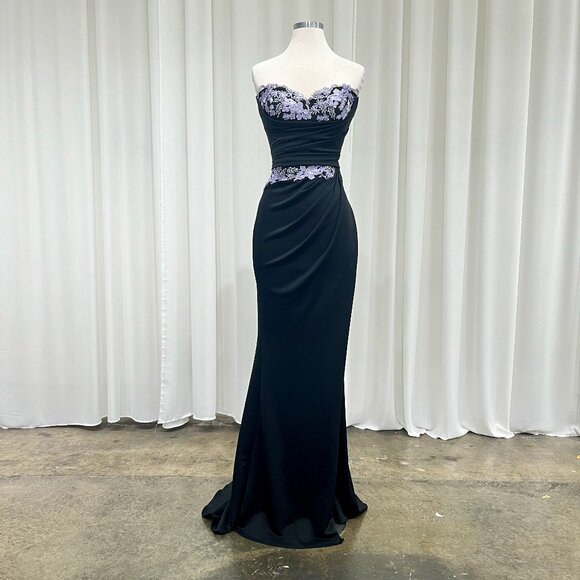 06. Elegant Black Dress with Lavender Floral Embroidery - Picture 1 of 4